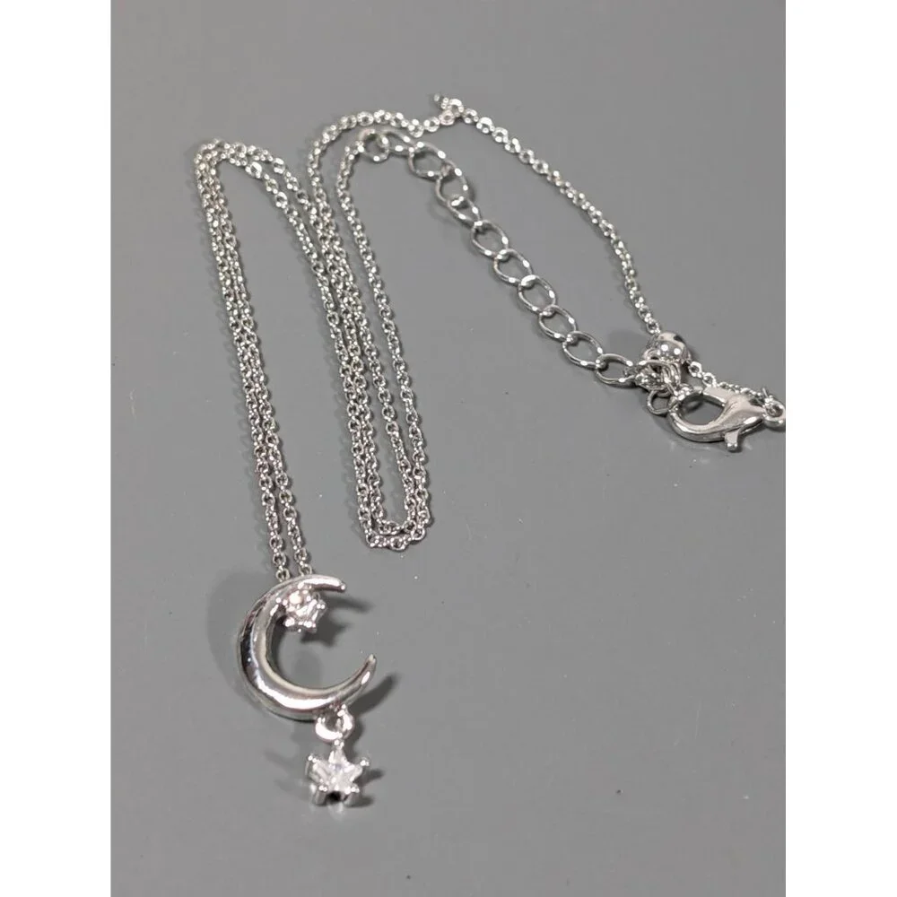 Silver Tone Rhinestone‎ Crescent Moon Star Charm Necklace Dainty 18